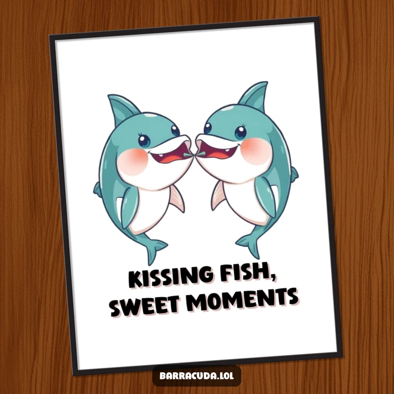 Funny free printable wall art of two kawaii barracudas playfully bumping mouths, creating a cute and humorous scene, decorative art.