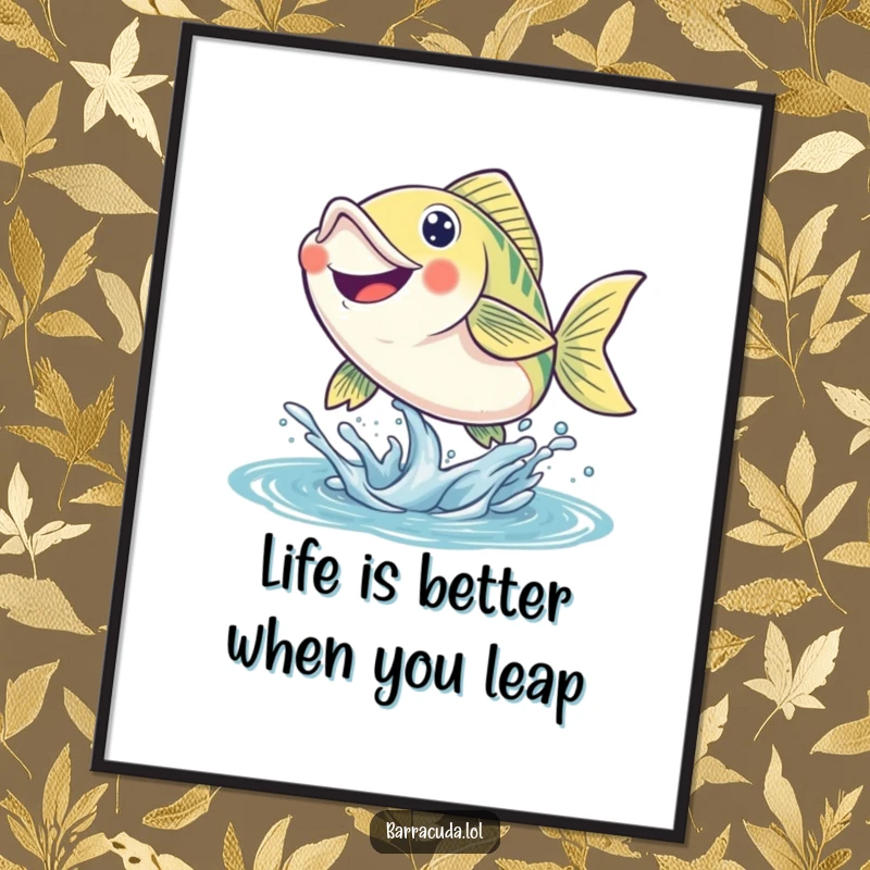 Funny Free Printable Wall Art: A smiling fish leaps energetically out of the water, capturing a moment of pure joy.