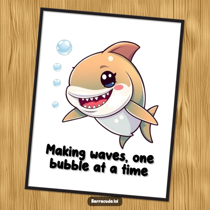 Funny Free Printable Wall Art: Mischievous barracuda happily chasing a stream of bubbles, a humorous decor piece.