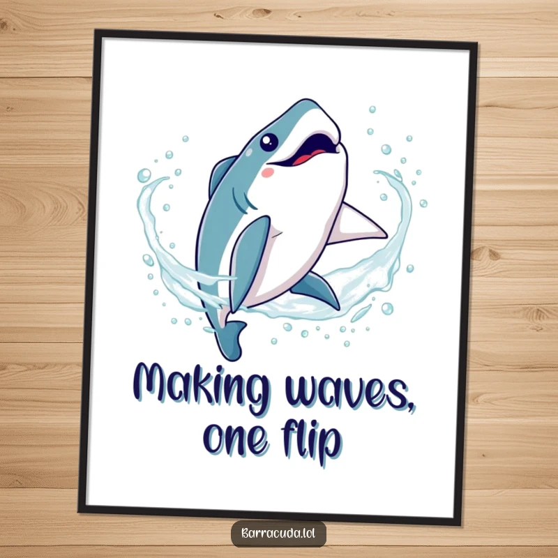Funny Free Printable Wall Art: A kawaii barracuda executes a comical, silly somersault in sparkling, clear water.