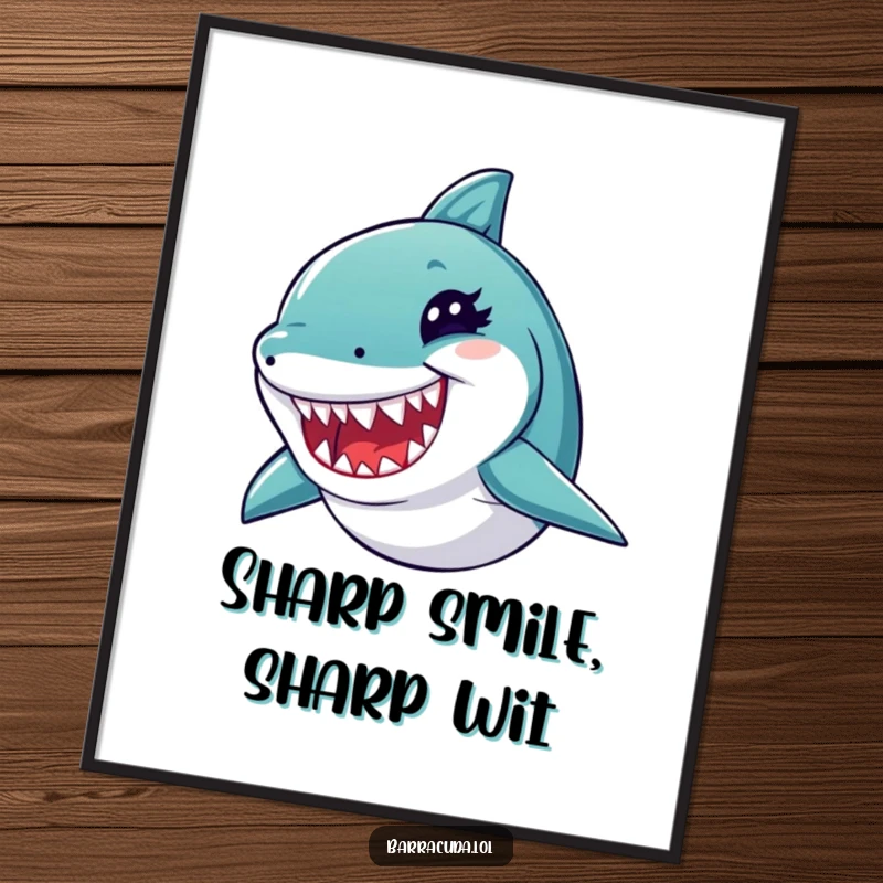 Funny Free Printable Wall Art: A barracuda playfully winks while displaying its sharp, tiny teeth with a mischievous smile.