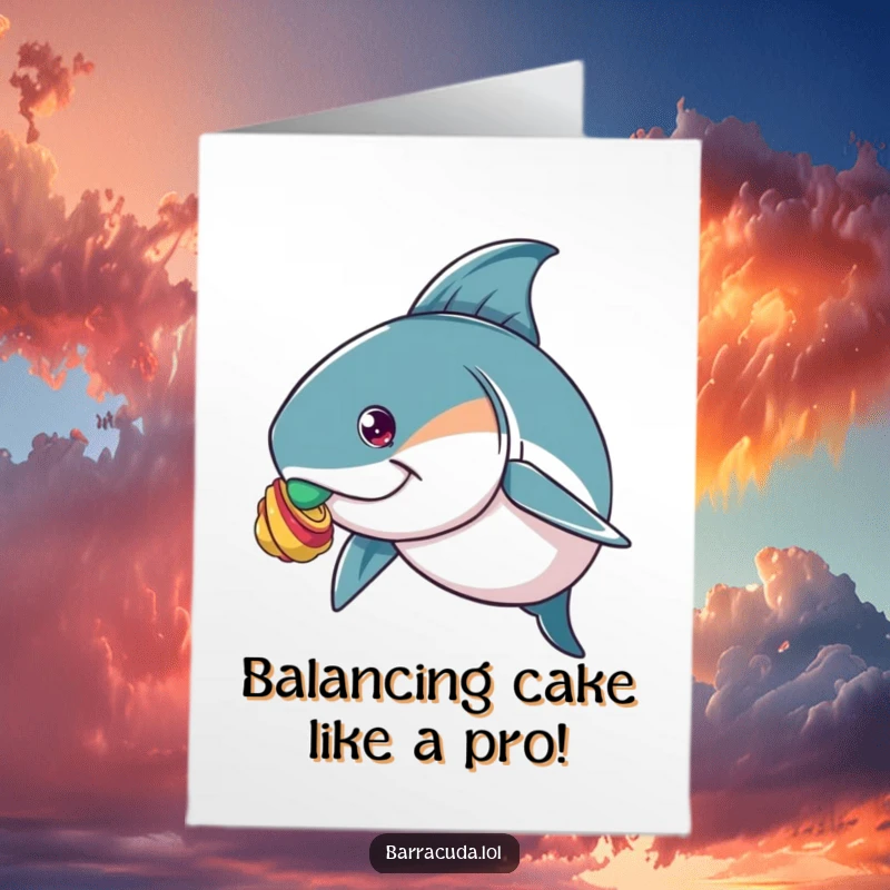 Funny Free Printable Birthday Card: Barracuda concentrating intensely while balancing a tiny shell on its nose.