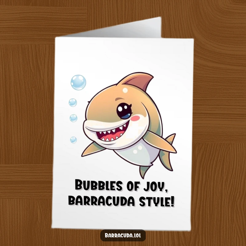 Funny Free Printable Birthday Card: Mischievous barracuda blowing bubbles with a cheeky grin, ready for a laugh.