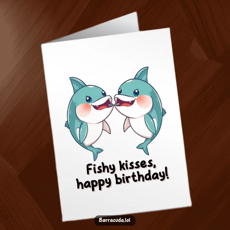 Funny free printable birthday card featuring two kawaii barracudas playfully bumping mouths in a sweet fish kiss, downloadable cheer.