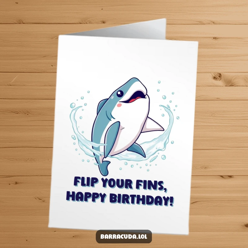 Funny Free Printable Birthday Card: A kawaii barracuda performs a silly somersault amidst sparkling water.