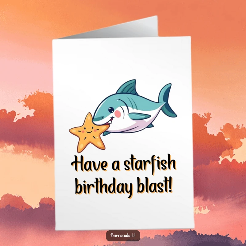 Funny Free Printable Birthday Card: A barracuda playfully nudges a happy floating starfish.