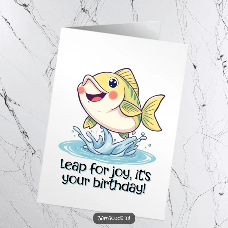 Funny Free Printable Birthday Card: A fish leaps energetically out of the water with a huge smile, celebrating joyfully.