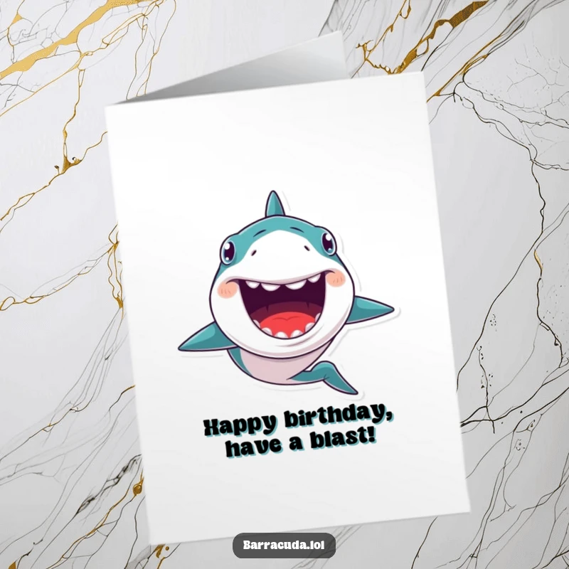 Funny Free Printable Birthday Card: A kawaii barracuda with a huge, toothy grin swims forward excitedly.