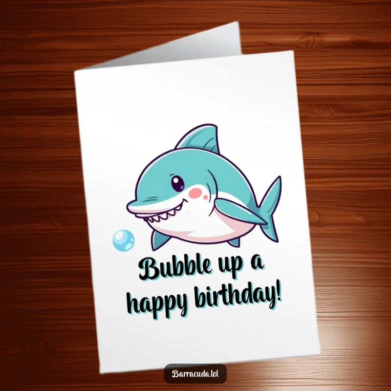 Funny Free Printable Birthday Card: Kawaii barracuda playfully swims after a single, small, shimmering bubble.