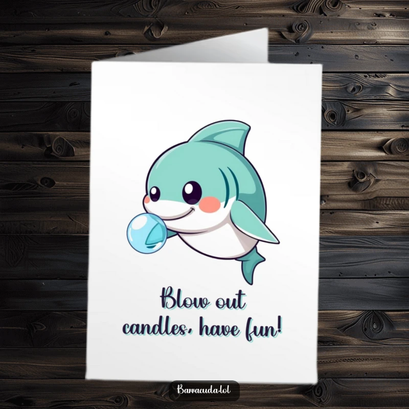 Funny Free Printable Birthday Card: Kawaii barracuda playfully nudging a shimmering bubble with its nose.