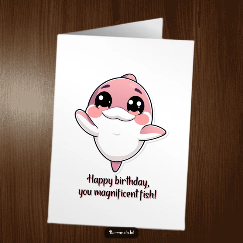 Funny free printable birthday card showing a cute kawaii barracuda with large eyes waving hello, a sweet downloadable message.