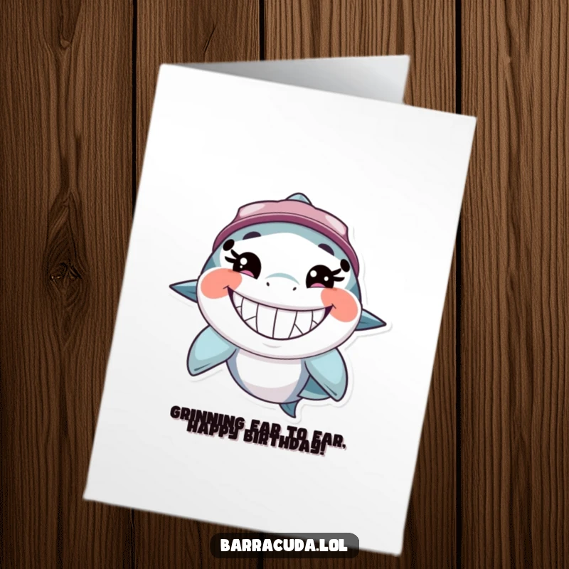 Funny Free Printable Birthday Card: Barracuda with a massive, toothy, happy grin, ready to celebrate a special day.