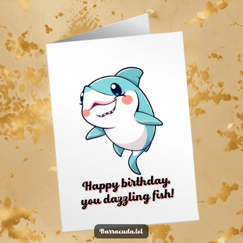 Funny Free Printable Birthday Card: a kawaii barracuda winking playfully with a glitter trail, wishing joy.