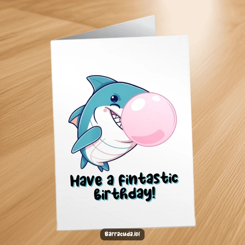 Funny free printable birthday card featuring a barracuda with a mischievous grin blowing a giant, colorful bubblegum bubble.