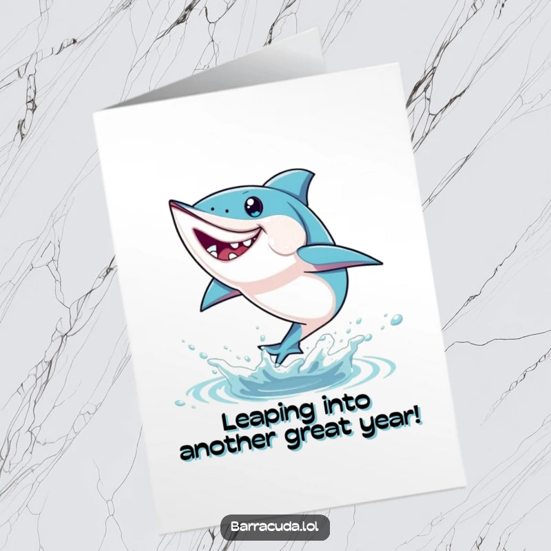 Funny Free Printable Birthday Card: A barracuda energetically leaping playfully out of the water, celebrating a birthday.