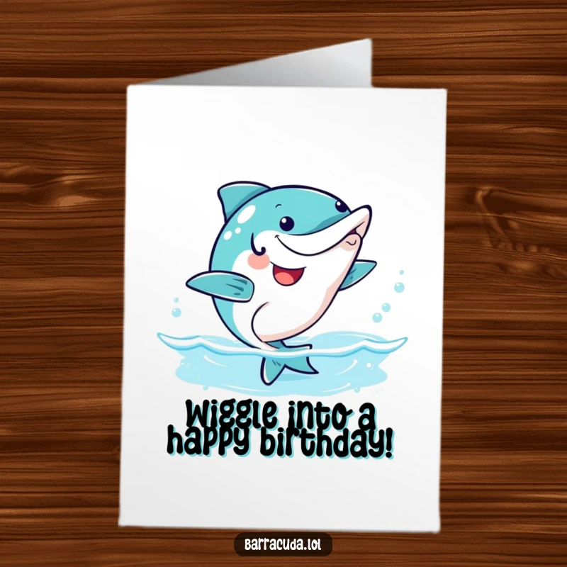 Funny Free Printable Birthday Card: A very happy kawaii barracuda doing a joyful wiggle dance.