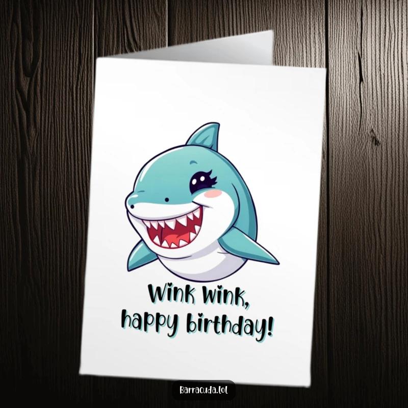 Funny Free Printable Birthday Card: A barracuda winks playfully, revealing its sharp, tiny teeth with a cheeky grin.