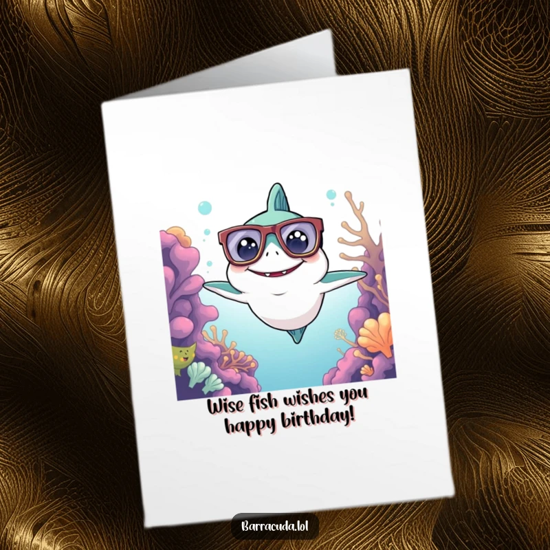 Funny Free Printable Birthday Card: kawaii barracuda with big glasses joyfully observing the reef, a witty wish.