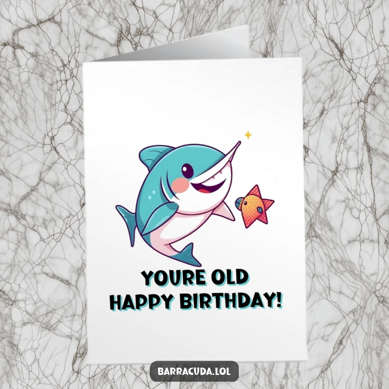 Funny free printable birthday card featuring a kawaii barracuda joyfully chasing a sparkly fish, ready to download and print.