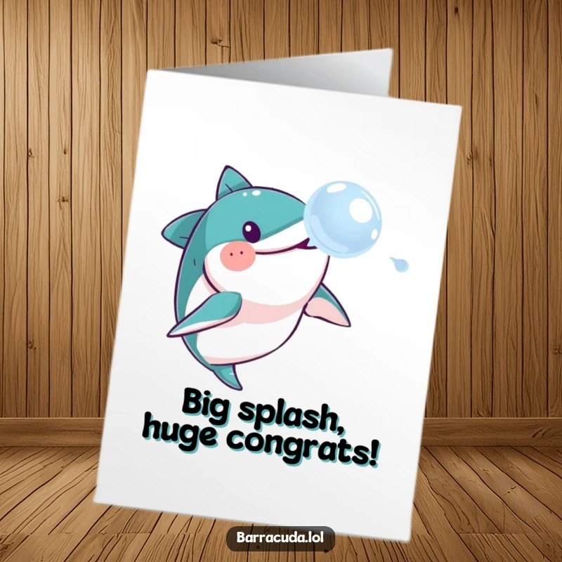 Funny Free Printable Barracuda Congratulations Card: A fish joyfully pursuing a soap bubble, celebrating success.