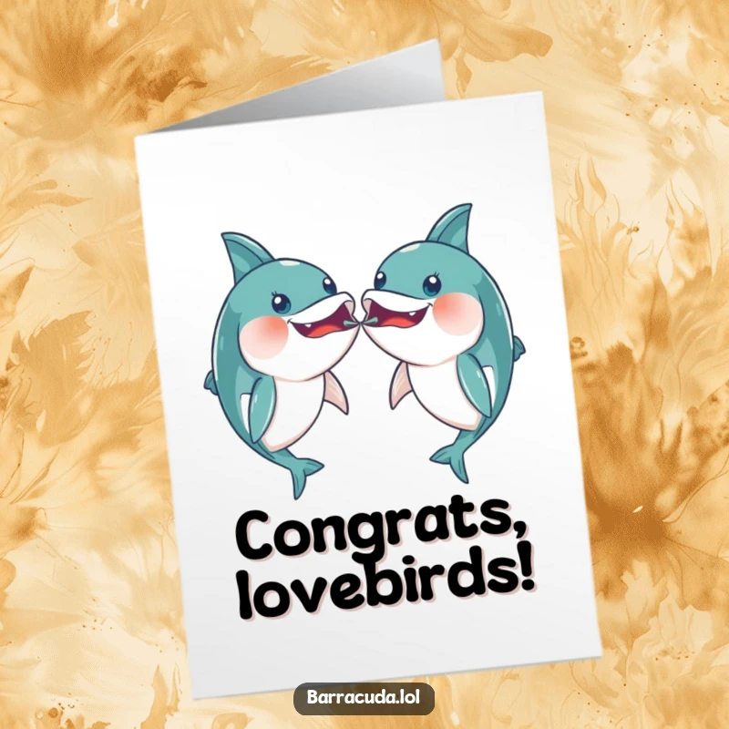 Funny free printable congratulations card showing two kawaii barracudas sharing a playful mouth bump, a unique printable congrats.