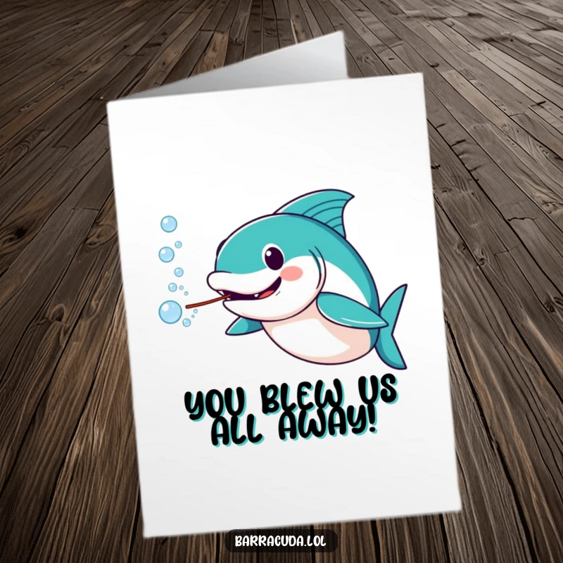Funny Free Printable Congrats Card: Amused barracuda blowing water bubbles, celebrating a fantastic achievement with joy.