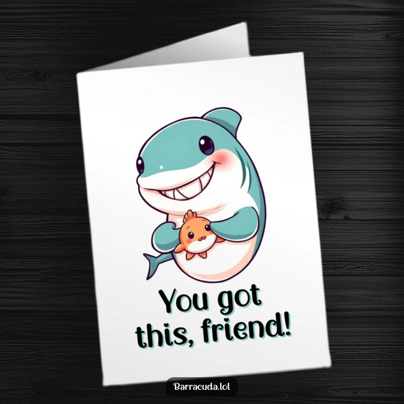 Funny Free Printable Congratulations Card: Grinning barracuda with a small, shy fish companion, celebrating together.