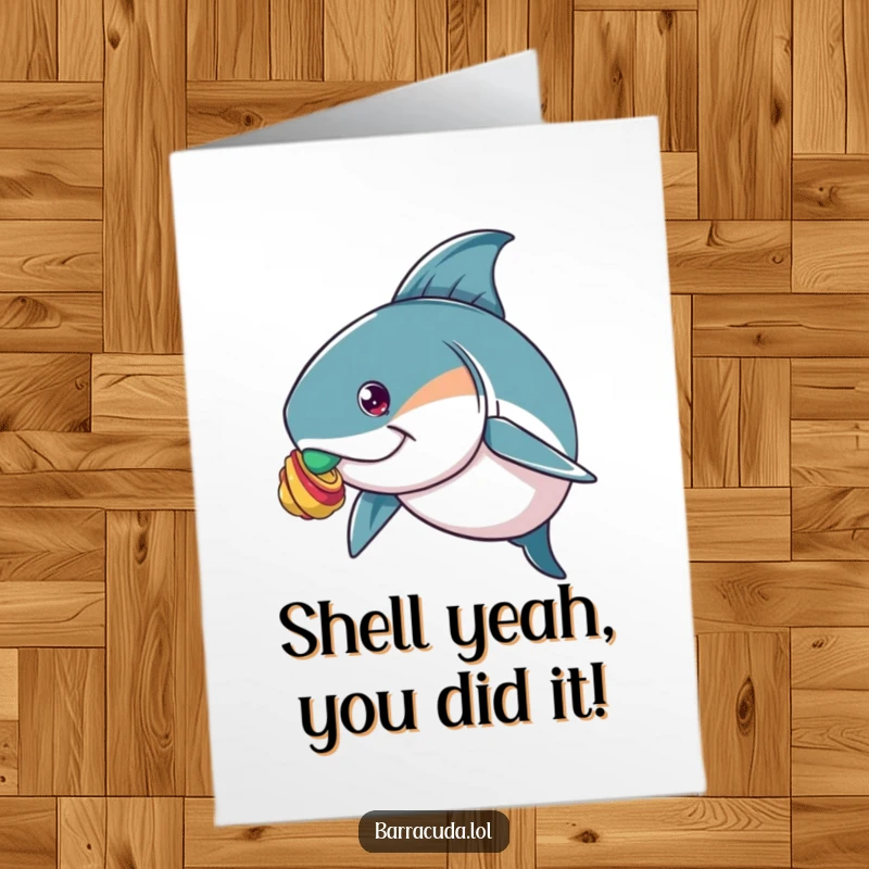 Funny Free Printable Congratulations Card: Barracuda with a determined look balancing a colorful shell on its snout.