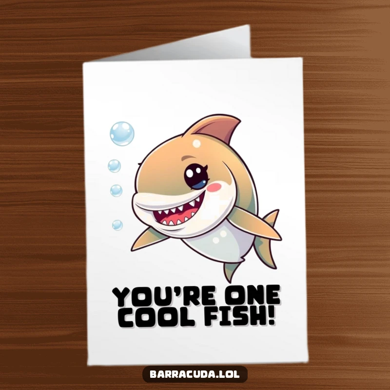 Funny Free Printable Congratulations Card: Playful barracuda with a grin chasing bubbles, celebrating success with humor.