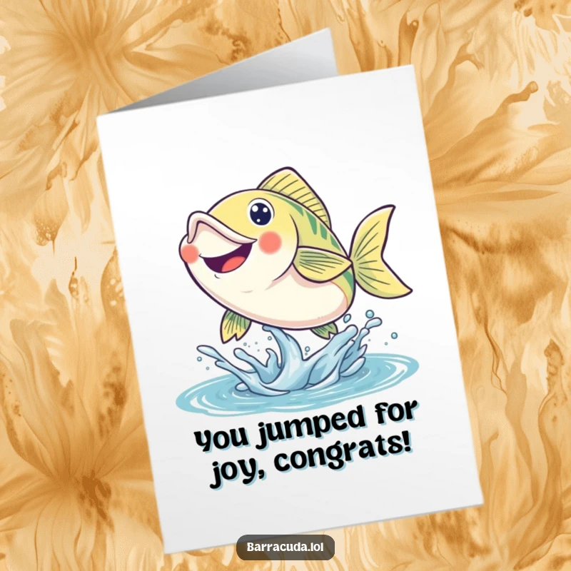 Funny Free Printable Congrats Card: An energetic smiling fish leaps high out of the water, symbolizing triumph.