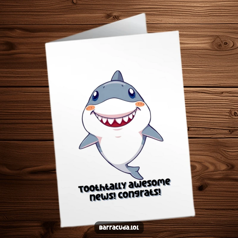 Funny Free Printable Congrats Card: Kawaii barracuda with a single, large goofy tooth cracks a wide, happy grin.