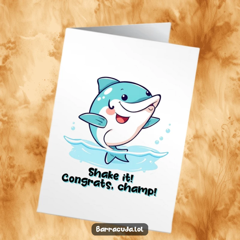 Funny Free Printable Congrats Card: A jubilant kawaii barracuda performing an energetic wiggle dance.