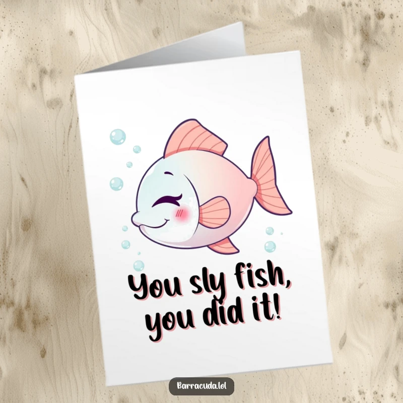 Funny Free Printable Congrats Card: A fish gives a playful wink amidst tiny bubbles, celebrating success.