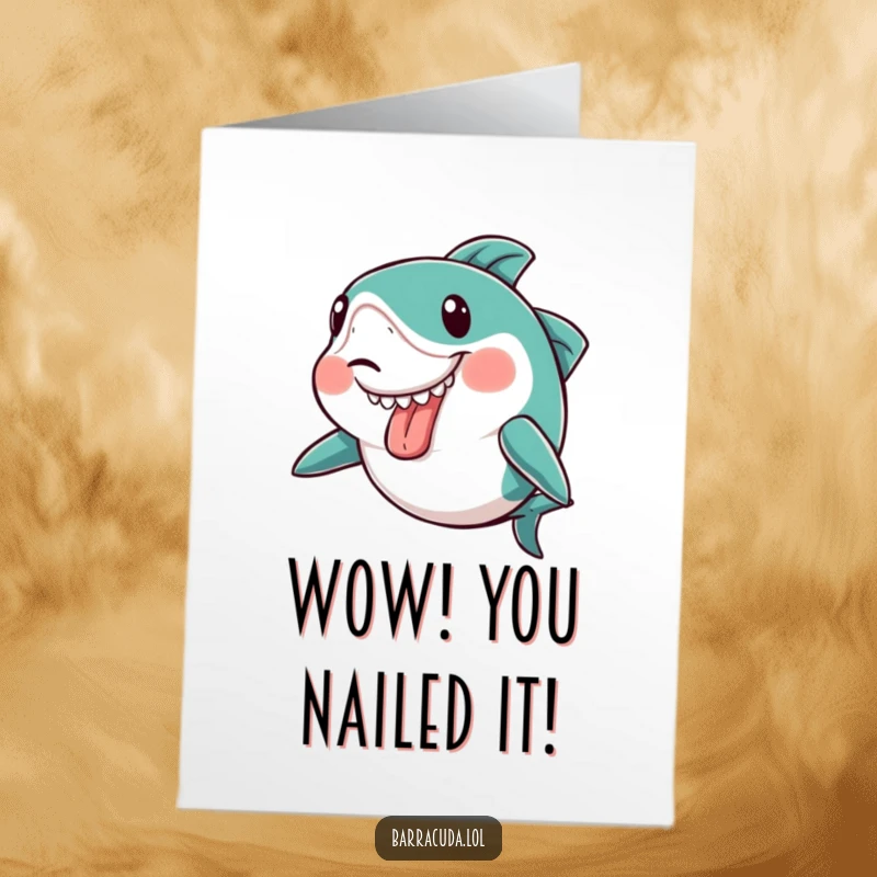 Funny free printable congratulations card showing a kawaii barracuda with its tongue out, making a comical face, printable charm.