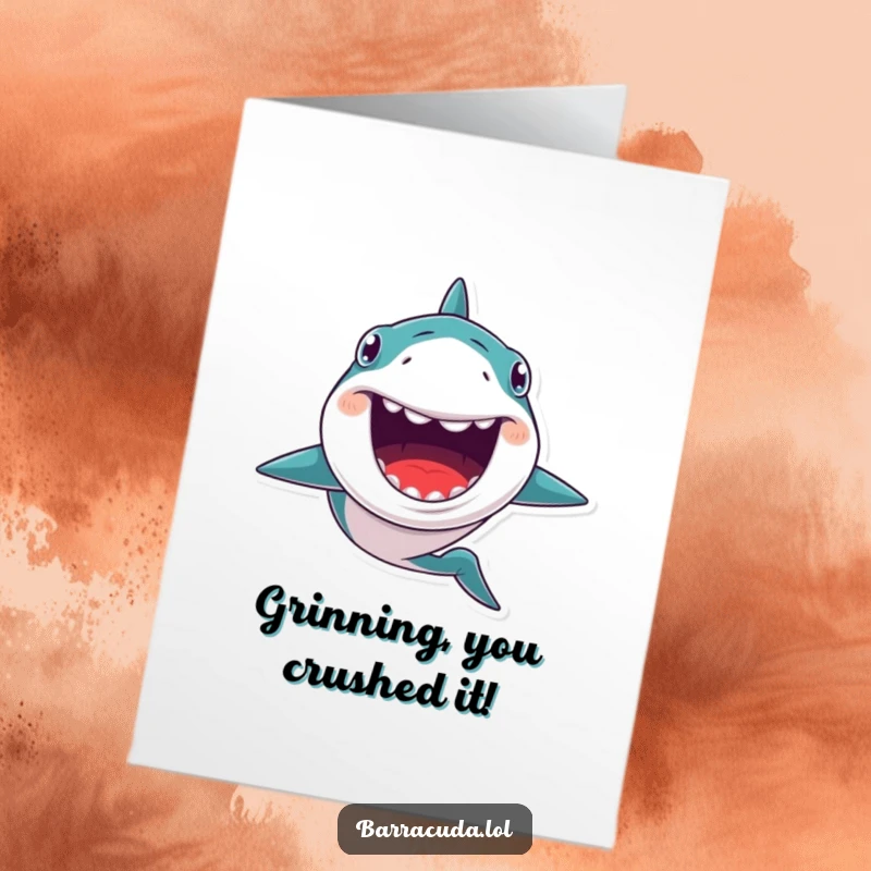 Funny Free Printable Congratulations Card: A kawaii barracuda with a big, toothy grin swims excitedly forward.