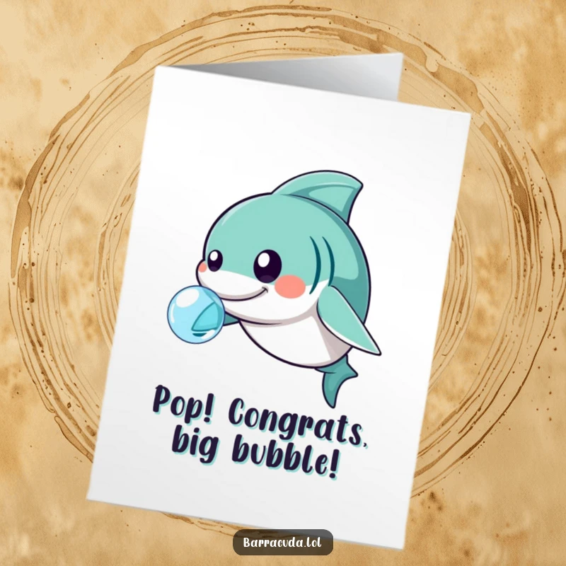Funny Free Printable Congrats Card: Kawaii barracuda innocently pushing a bubble with its snout.