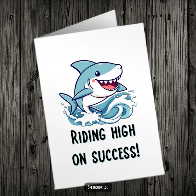 Funny Free Printable Congratulations Card: Cute kawaii barracuda character gleefully zipping through dynamic, stylized ocean waves.