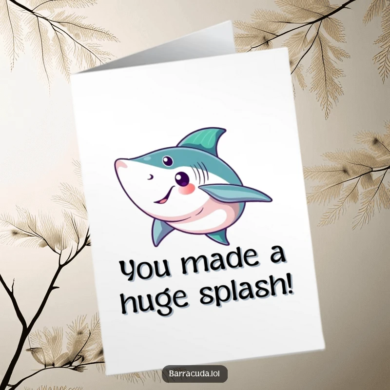 Free Printable Congratulations Card: A barracuda with a welcoming grin offers a big, friendly wave of its tail fin in celebration.