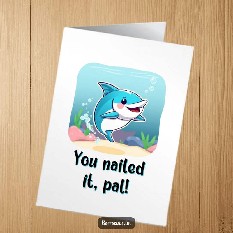 Funny Free Printable Congratulations Card: Barracuda performing an enthusiastic splashy move to celebrate a win.