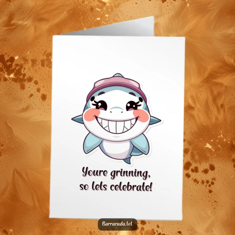 Free Printable Congratulations Card: A barracuda showing off its wide, toothy, happy grin for your celebrations.