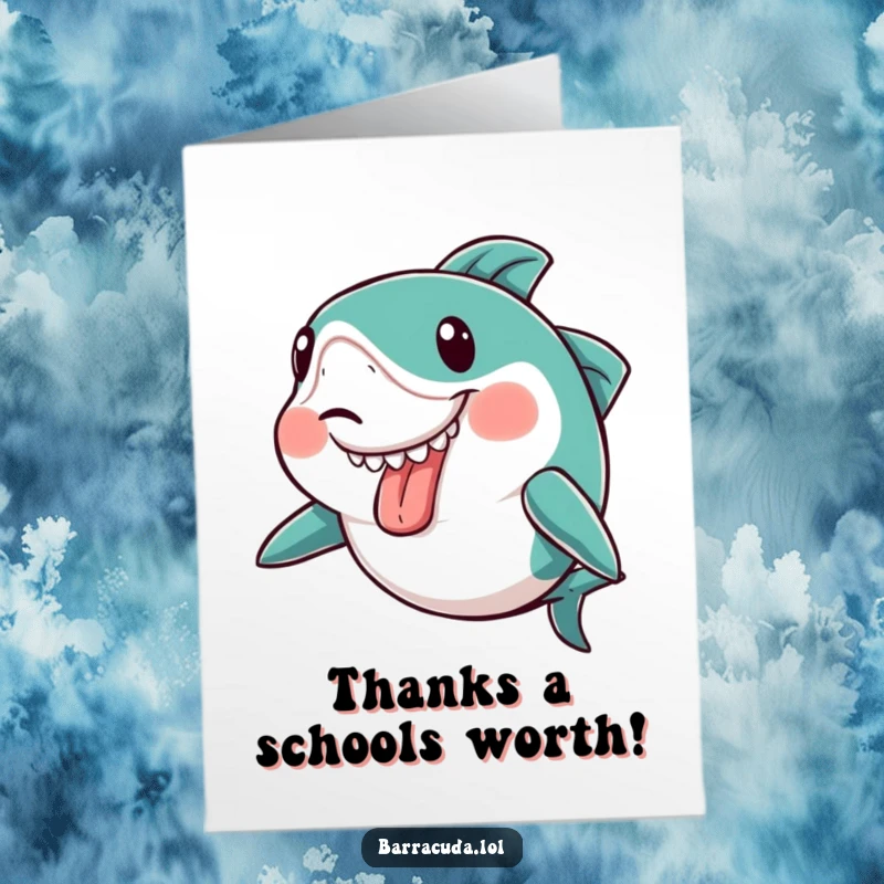 Funny free printable thank you card featuring a kawaii barracuda with a goofy expression and tongue out, a downloadable thank you.