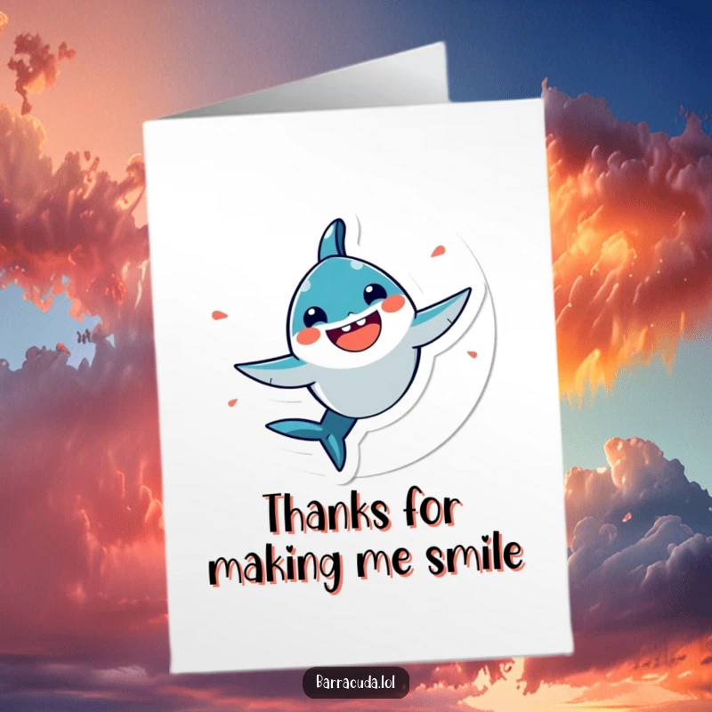 Funny free printable thank you card with a very happy kawaii barracuda spinning in circles, radiating infectious joy, downloadable thanks.