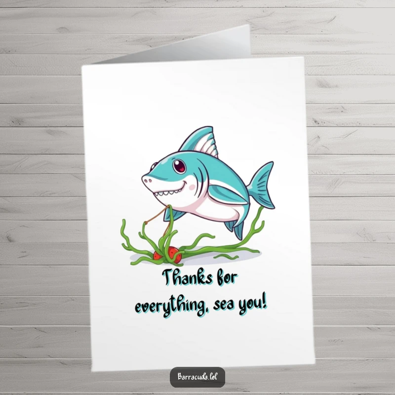 Funny Free Printable Thank You Card featuring a kawaii barracuda holding a seaweed strand, expressing thanks.