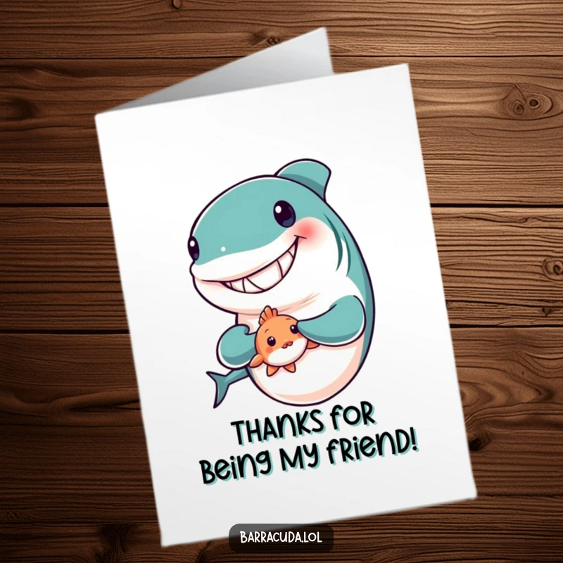 Funny Free Printable Thank You Card: Barracuda grinning widely while holding a tiny, shy fish companion.