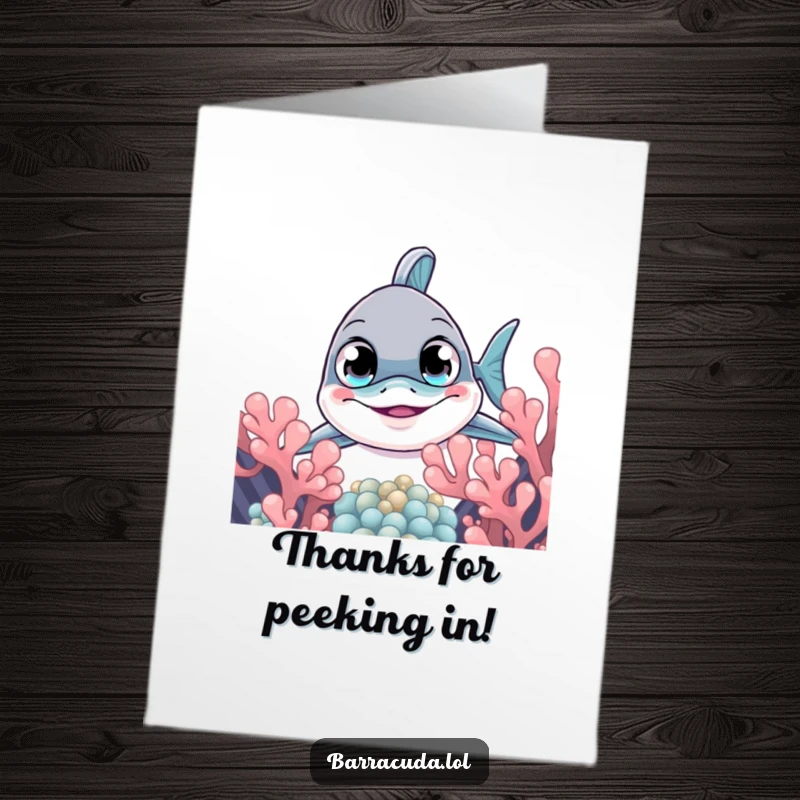 Funny Free Printable Thank You Card: A barracuda with large, curious eyes peeks out from colorful coral.