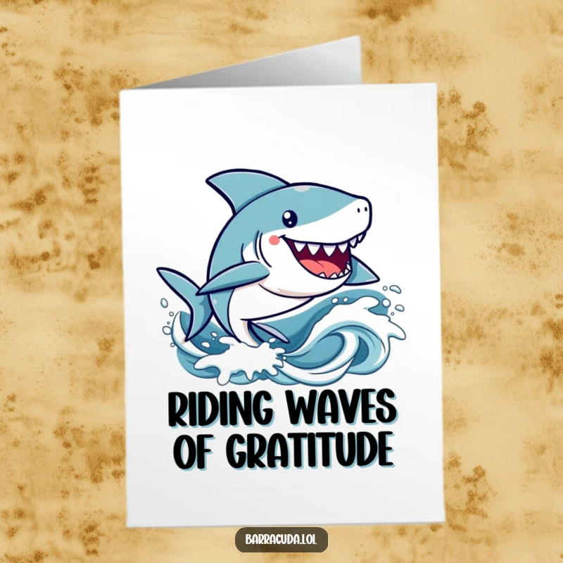 Funny Free Printable Thank You Card: Adorable kawaii barracuda character happily cruising through stylized waves, conveying thanks.