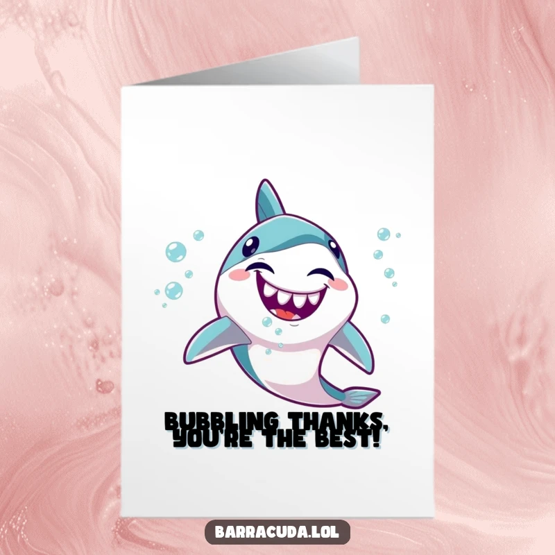 Funny Free Printable Thank You Card: A happy barracuda chuckles, blowing out a cascade of small, joyful bubbles.