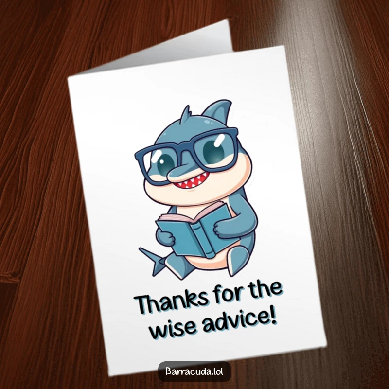 Funny Free Printable Thank You Card: Barracuda with comically large glasses reading diligently, thanking with wit.