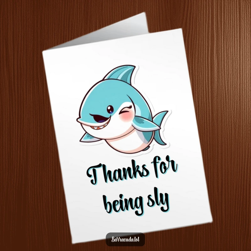 Funny Free Printable Thank You Card: A barracuda character offers a mischievous wink and a playful tail flick, saying thanks.