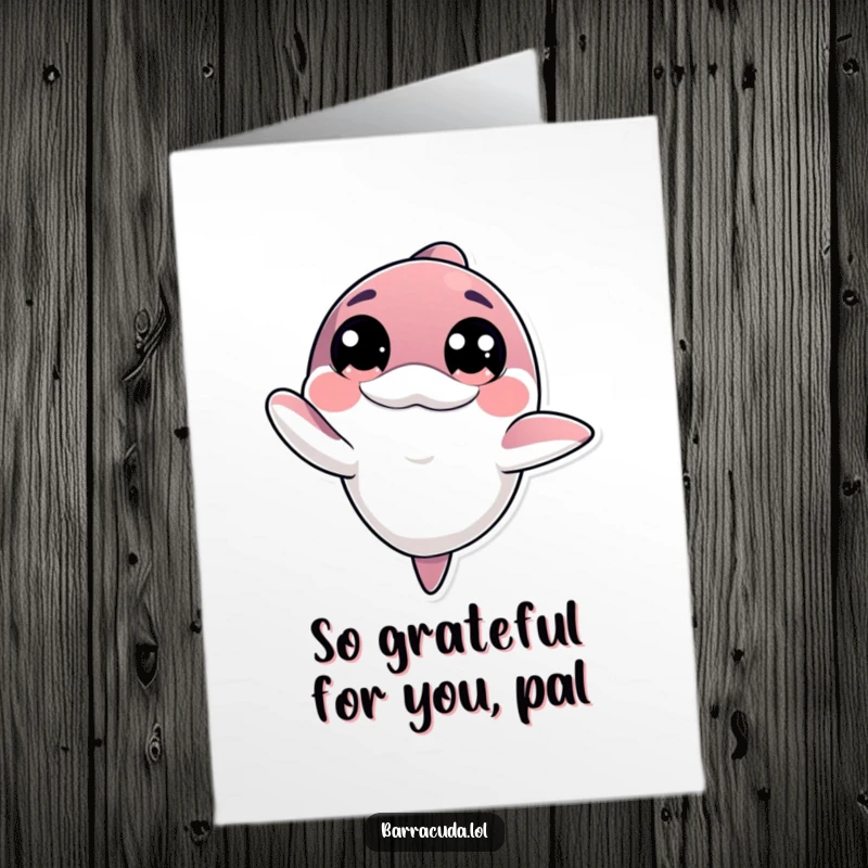 Funny free printable thank you card with a sweet kawaii barracuda and big eyes waving hello, a downloadable gesture of thanks.